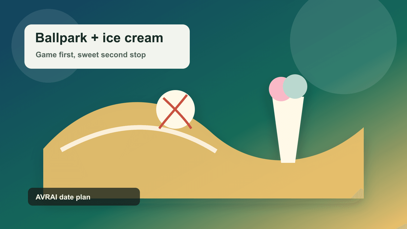 Illustration of a baseball date plan leading to an ice cream stop.